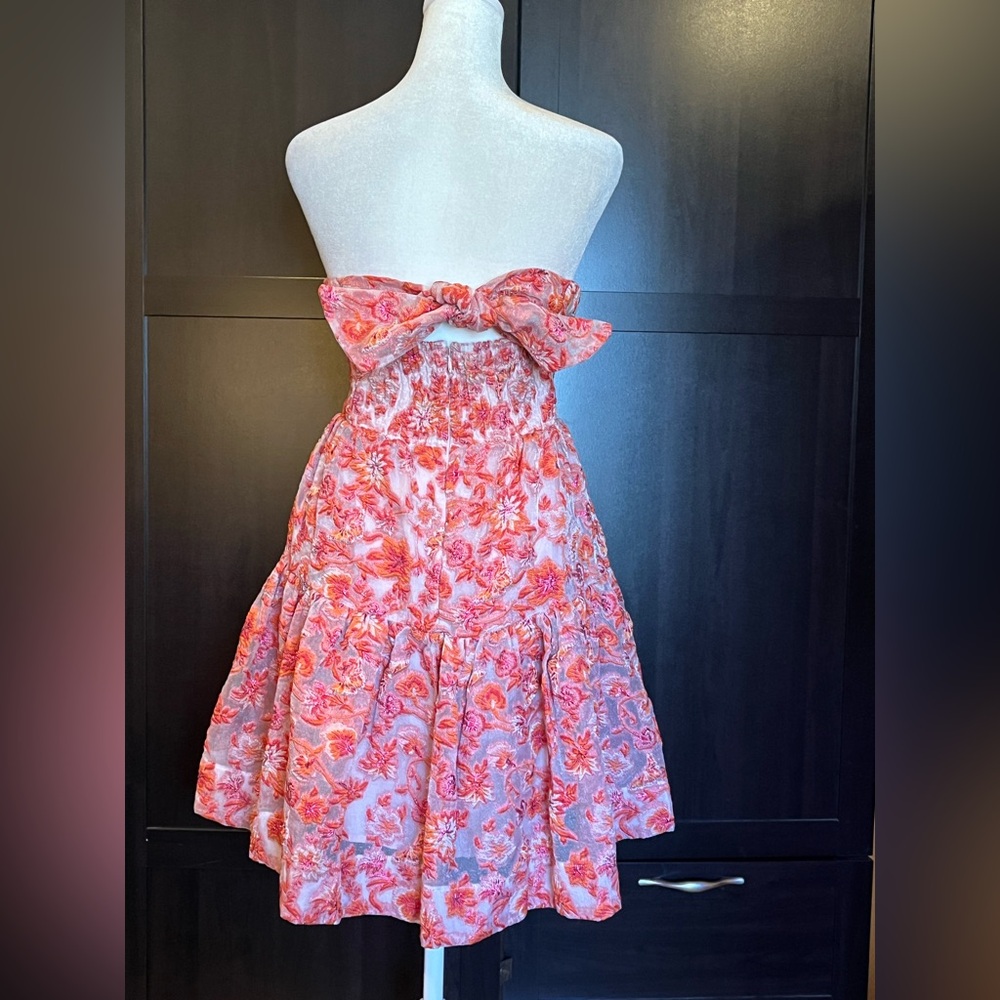 Anthropologie Strapless Mini Dress. Back bow, stretchy back. Orange, pink. L - Picture 8 of 16